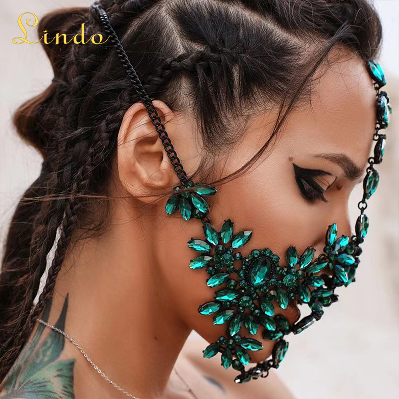 Crystal Rhinestone Black and Green Masquerade Mask