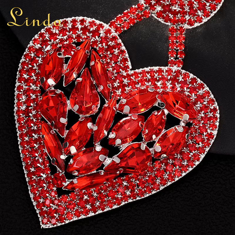 Crystal Rhinestone Large Red Heart Earrings