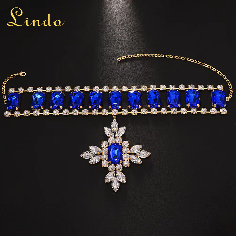 Gold Color Crystal Blue Vintage Rhinestone Choker Necklace​