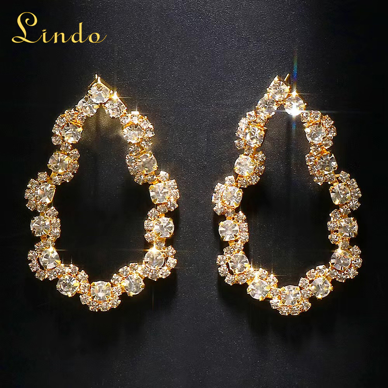 Gold Color Crystal Rhinestone Teardrop Earrings