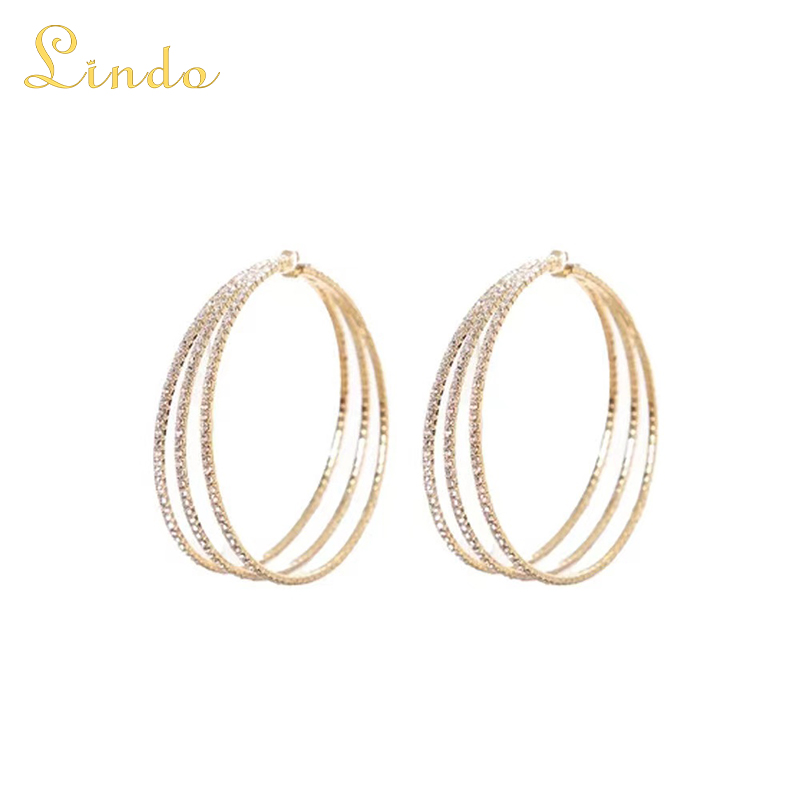 Gold Color Multi Layered Rhinestone Large Hoop Earrings
