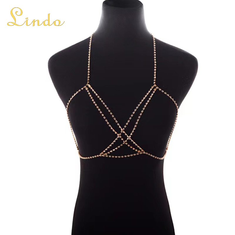 Gold Color Rhinestone Bra Body Chain Necklace
