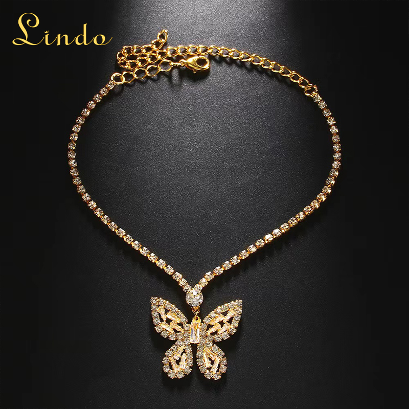Gold Color Rhinestone Butterfly Anklet