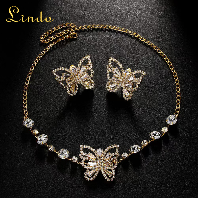 Gold Color Rhinestone Butterfly Earrings and Necklace Set