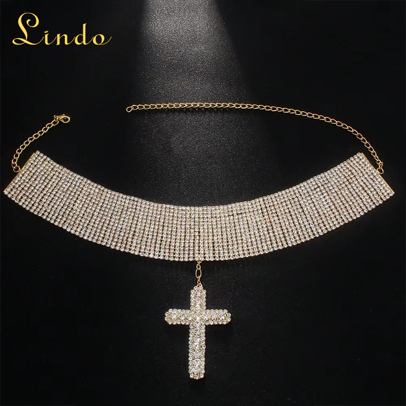 Gold Color Rhinestone Cross Choker Necklace