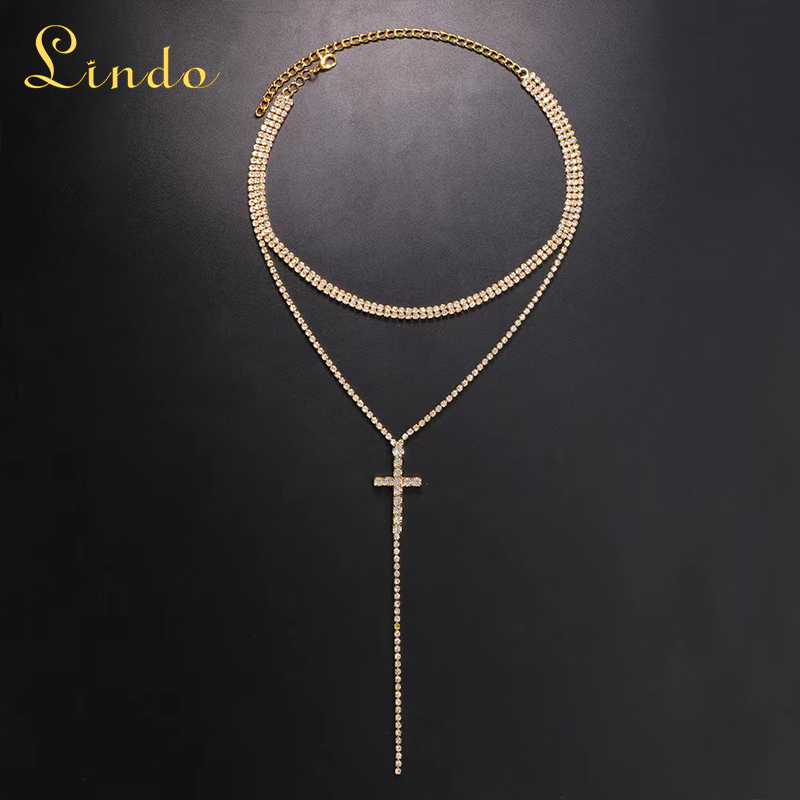 Gold Color Rhinestone Cross Necklace Chain
