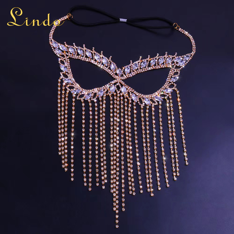Gold Color Rhinestone Elegant Masquerade Mask with Long Tassel