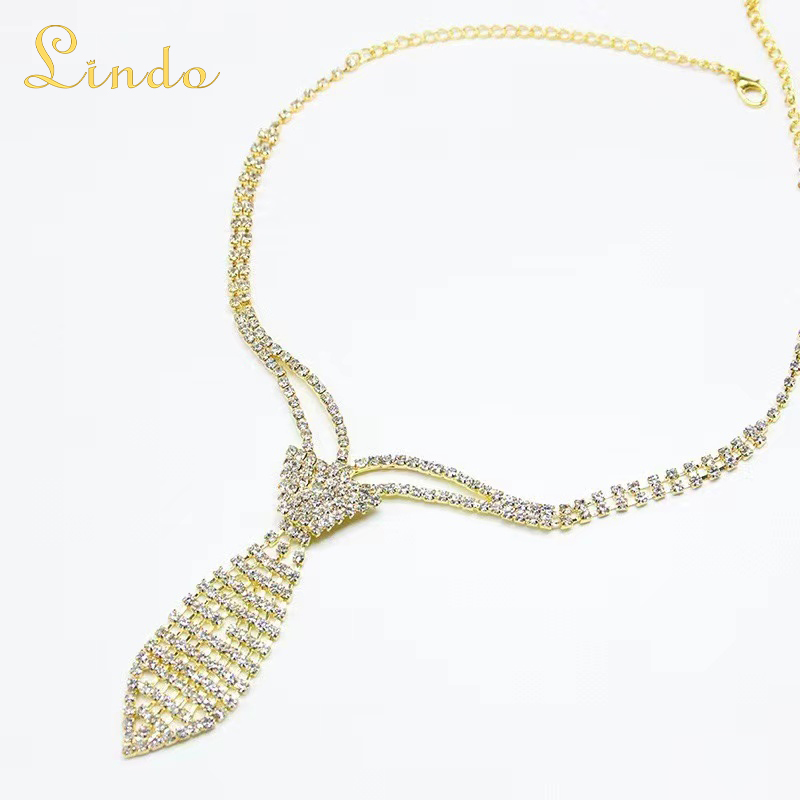 Gold Color Rhinestone Necktie Necklace