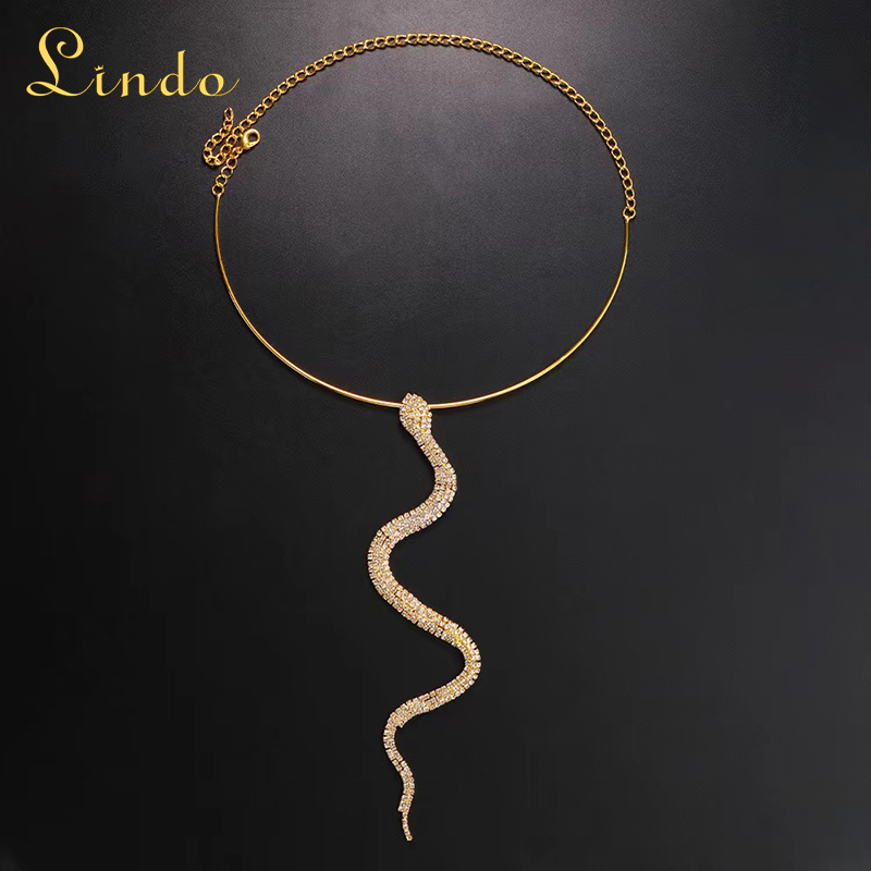 Gold Color Rhinestone Snake Pendant Necklace