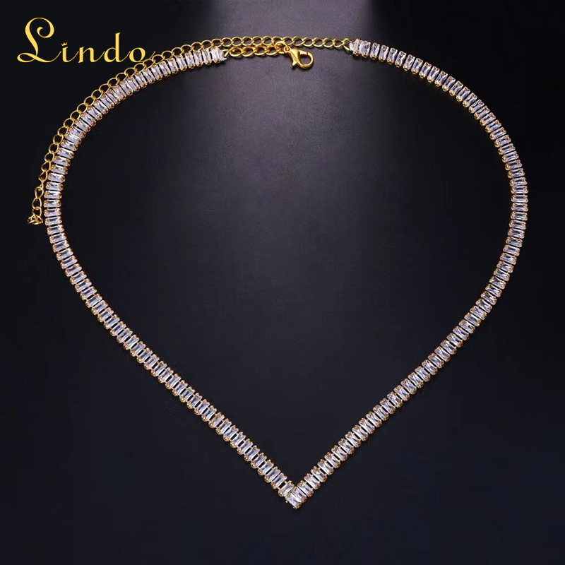 Gold Color V Shape Tennis Necklace