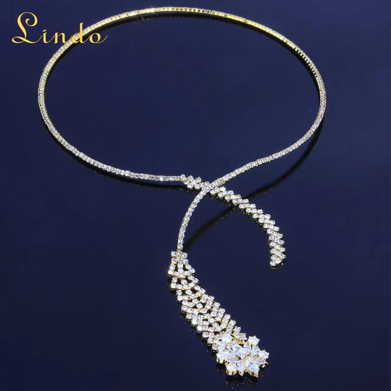 Gold Rhinestone and Zirconia Choker Necklace with Wheat Ear Drop