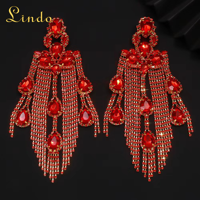 Gold Tone Crystal large Red Earrings