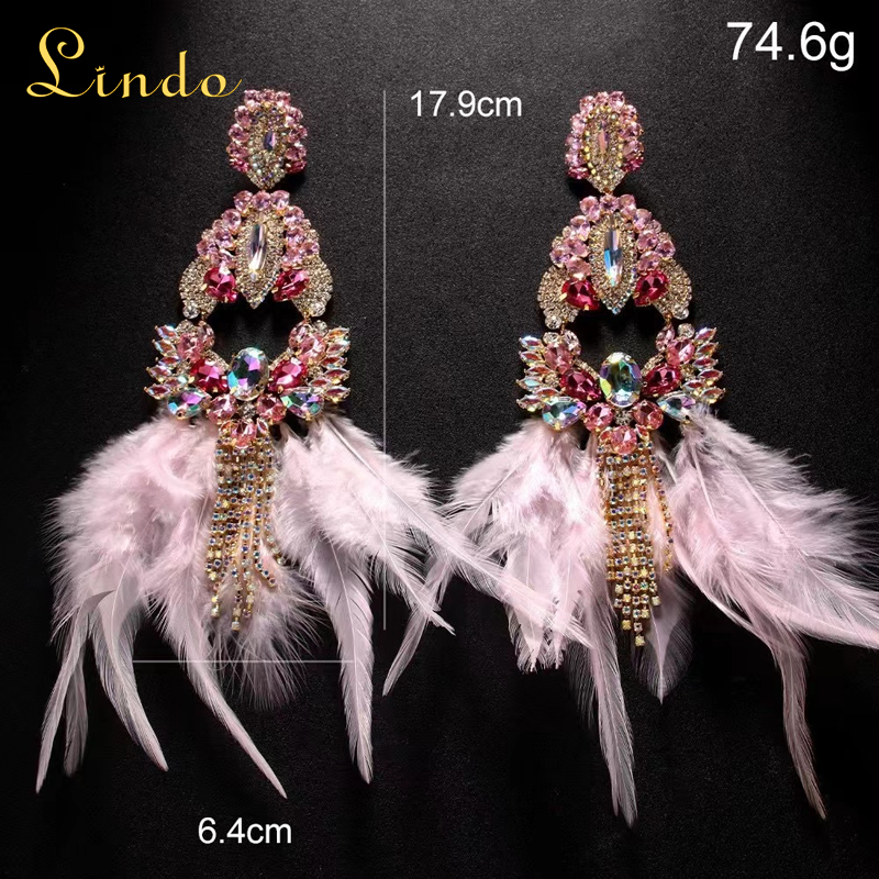 Long Rhinestone Crystal Pink Feather Earrings