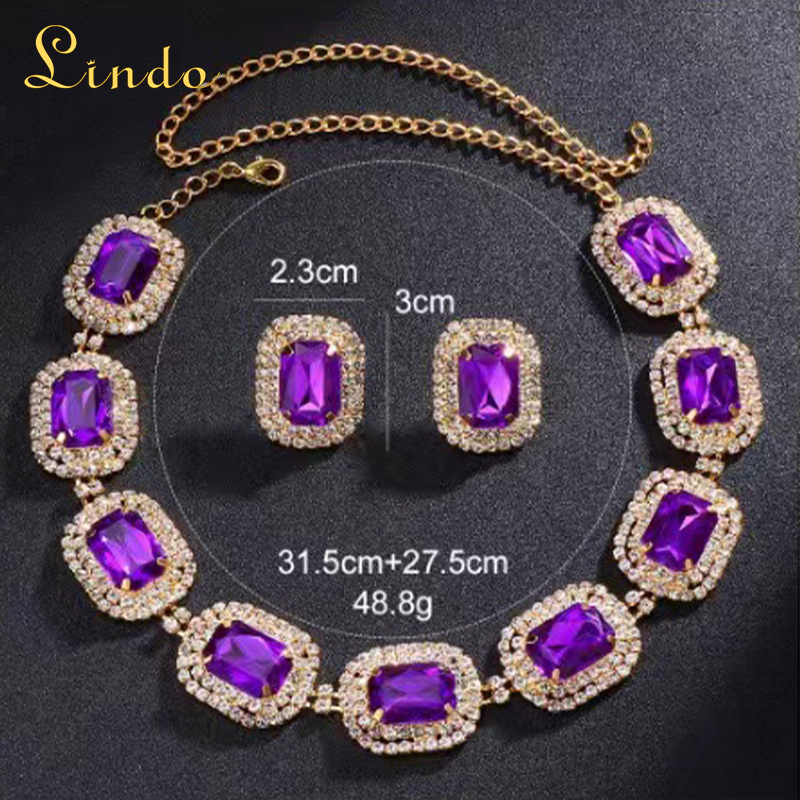 Purple Rhinestone Crystal Earring and Necklace Set