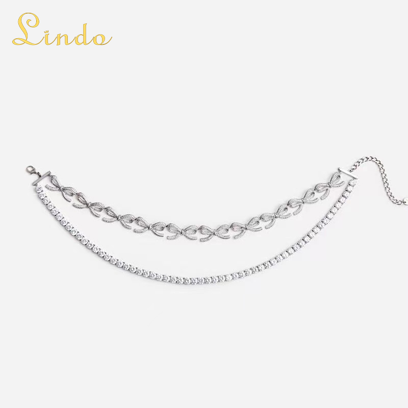 Rhinestone Bow Double Chain Necklace