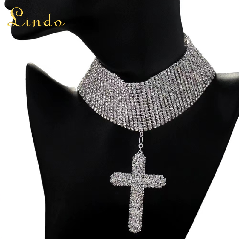 Rhinestone Cross Choker Necklace