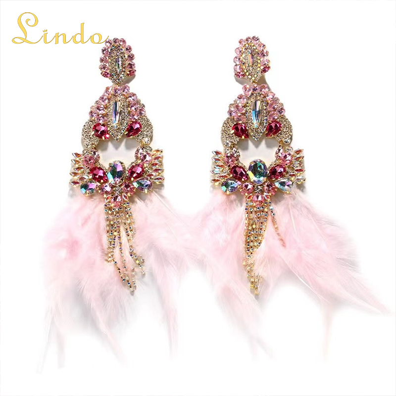 Rhinestone Crystal Pink Feather Earrings Jewelry