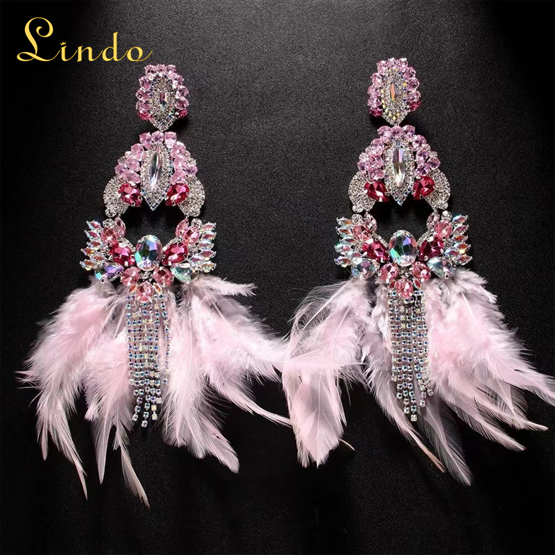 Rhinestone Crystal Pink Feather Earrings