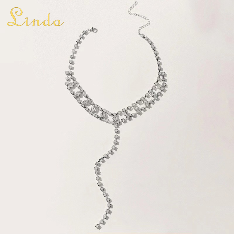 Rhinestone Long Choker Necklace with Tassel Drop