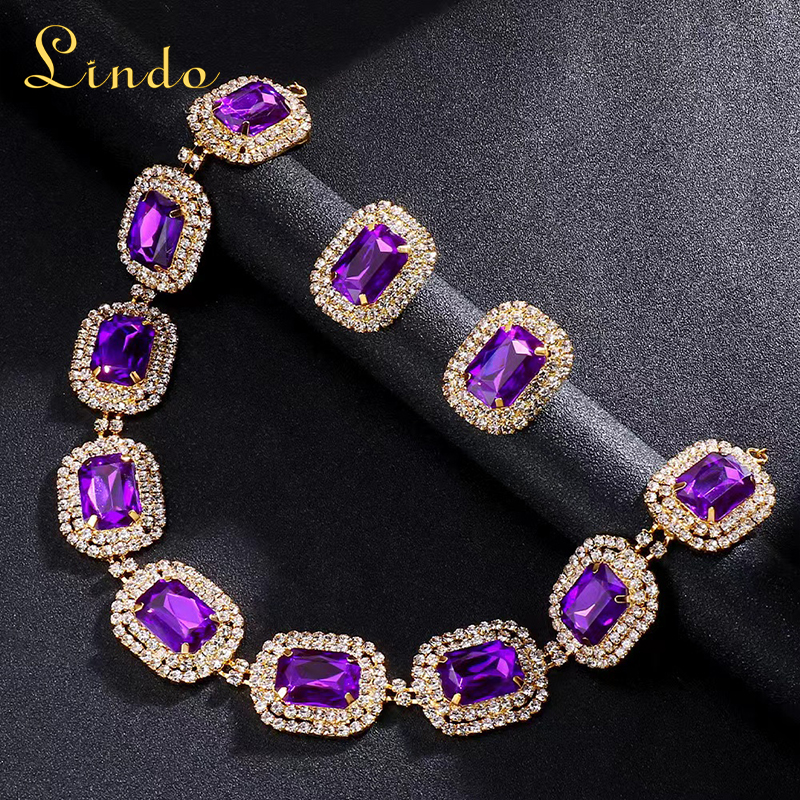 Rhinestone Purple Crystal Earring and Necklace Set