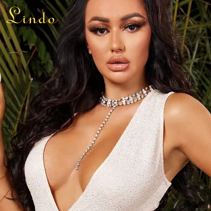 Rhinestone Tassel Long Choker Necklace