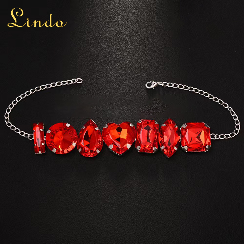 Silver Chain Crystal Red Rhinestone Bracelet