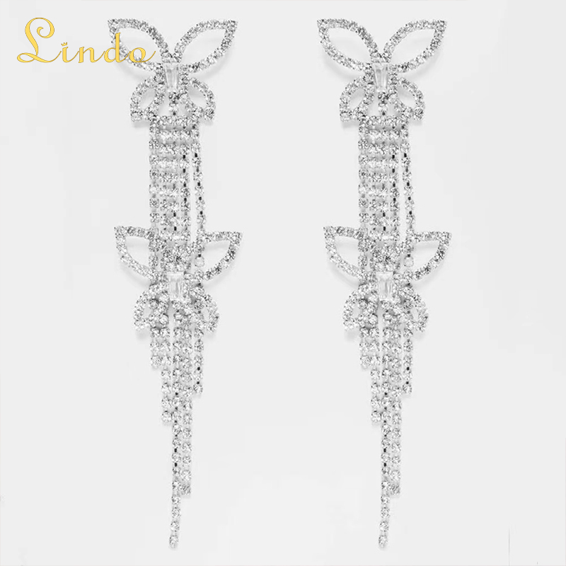 Silver Color Cristal Rhinestone Butterfly Dangling Earrings