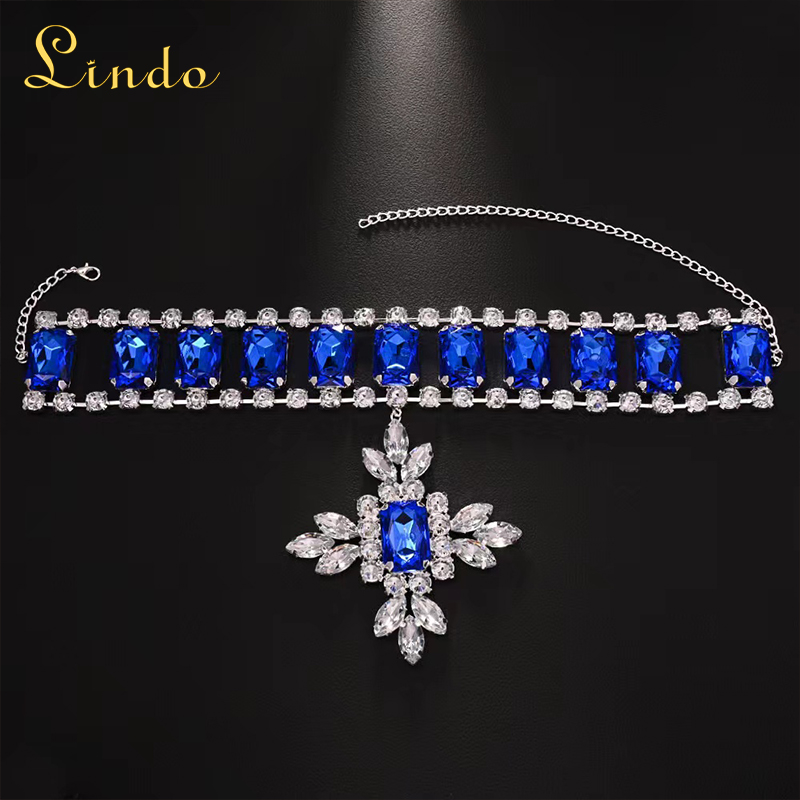Silver Color Crystal Blue Vintage Rhinestone Choker Necklace​