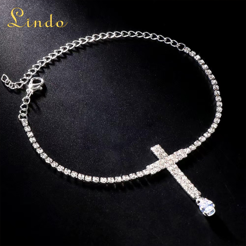 Silver Color Crystal Rhinestone Cross Anklet