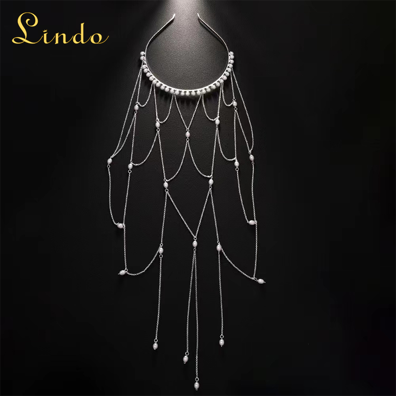 Silver Color Hair Chain Pearl Headband