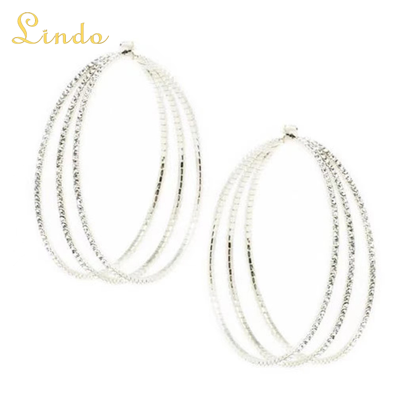 Silver Color Multi Layered Rhinestone Large Hoop Earrings