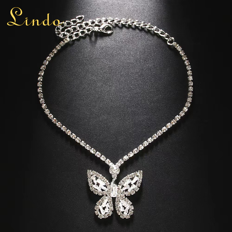 Silver Color Rhinestone Butterfly Anklet
