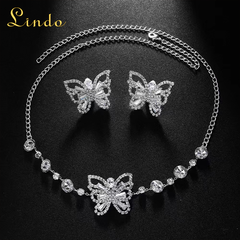 Silver Color Rhinestone Butterfly Earrings and Necklace Set