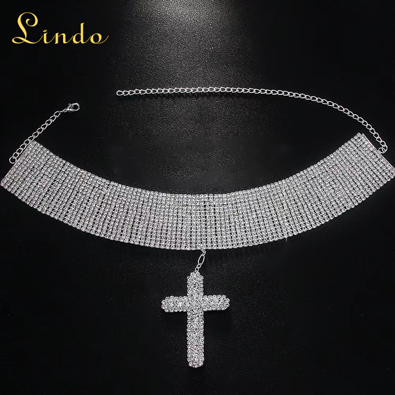 Silver Color Rhinestone Cross Choker Necklace