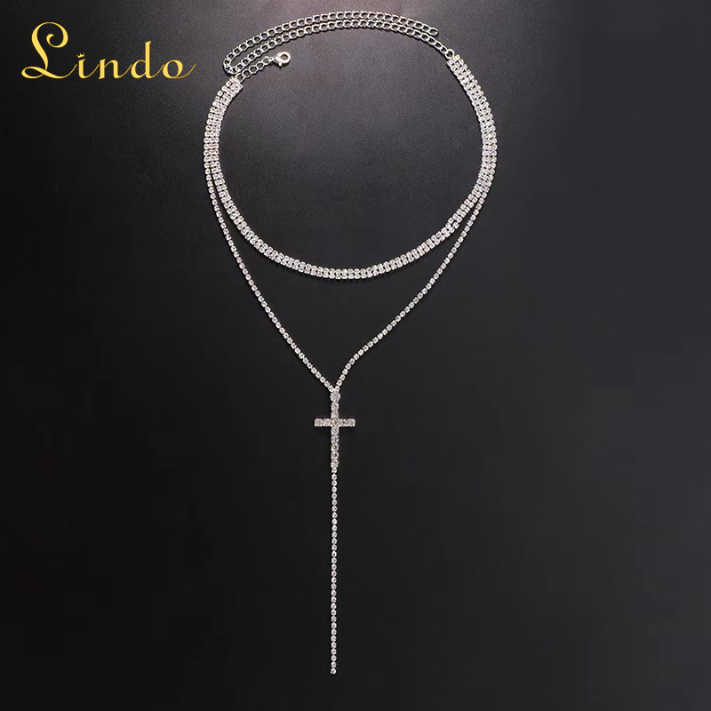 Silver Color Rhinestone Cross Necklace Chain