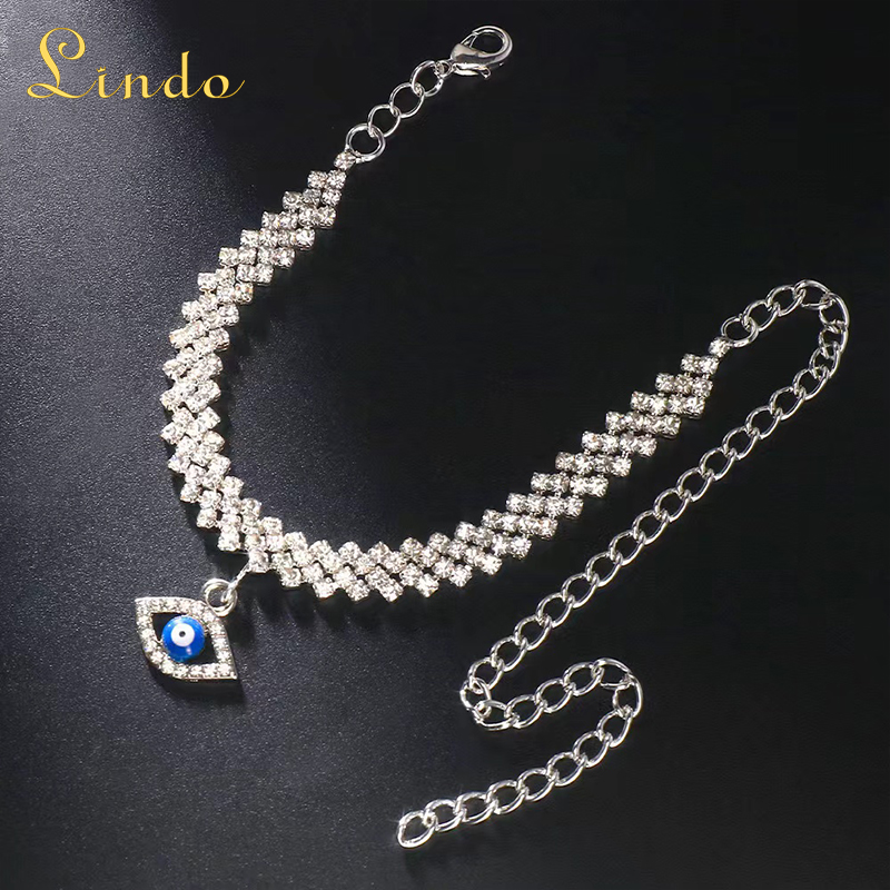 Silver Color Rhinestone Evil Eyle Anklet