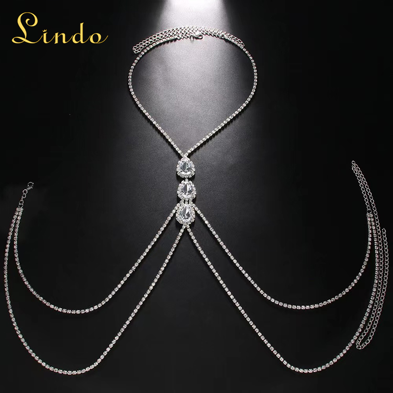 Silver Color Rhinestone Harness Body Chain with Drop