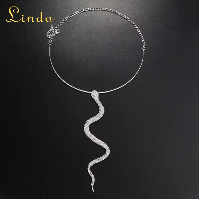 Silver Color Rhinestone Snake Pendant Necklace