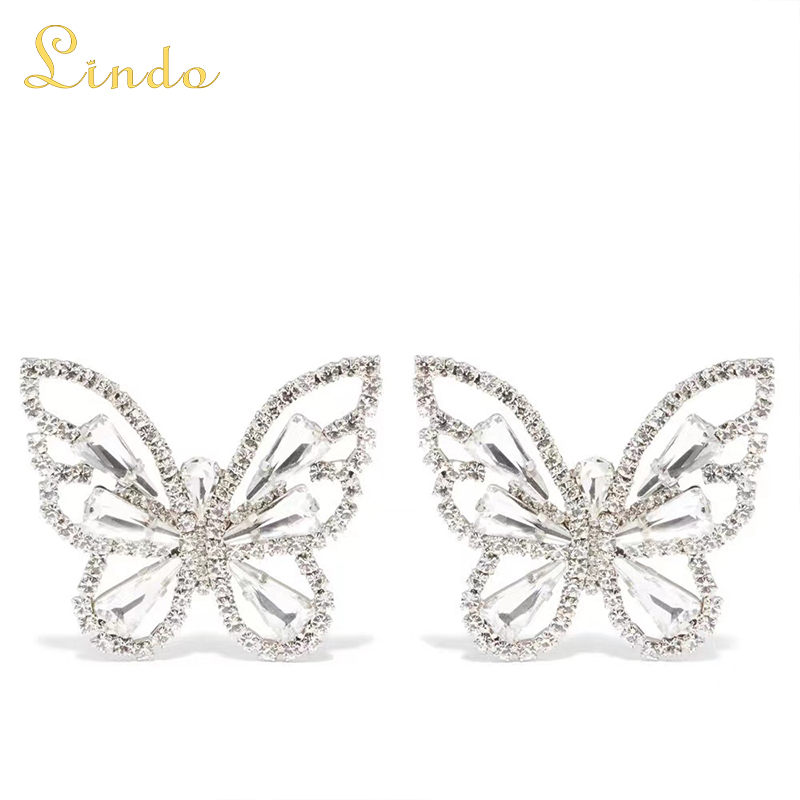 Silver Crystal Rhinestone Large Butterfly Earrings
