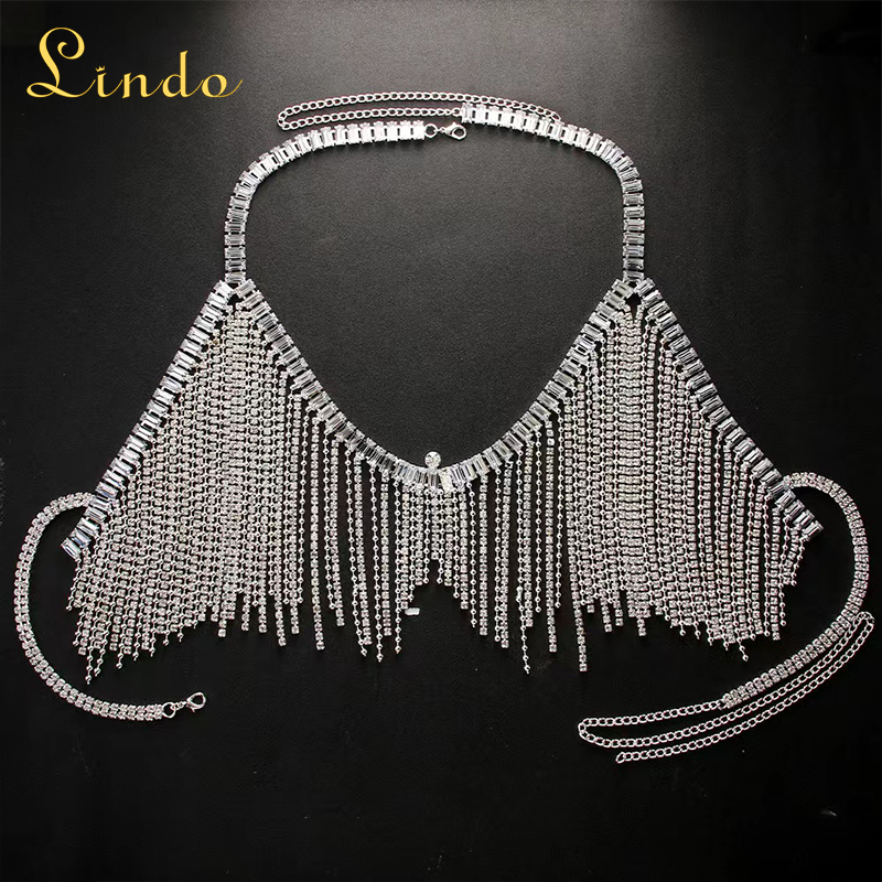 Silver Rhinestone Body Bra Chain​