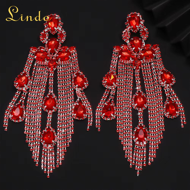 Silver Tone Crystal large Red Earrings