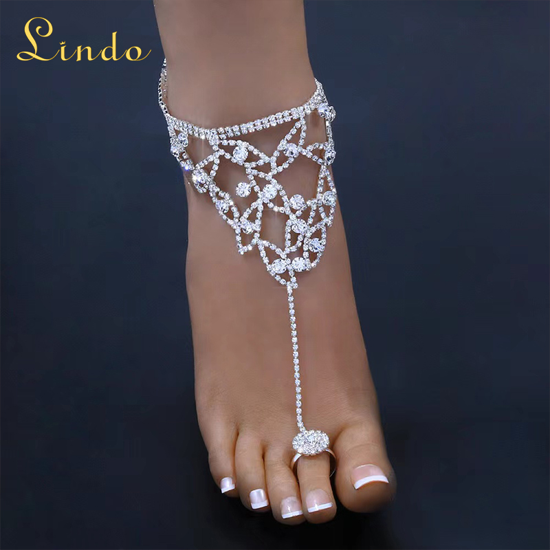 Sparkling Rhinestone Anklet with Toe Ring