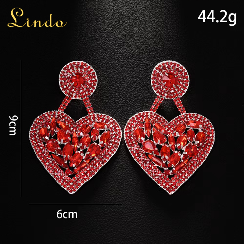 Sparkling Rhinestone Large Red Heart Earrings