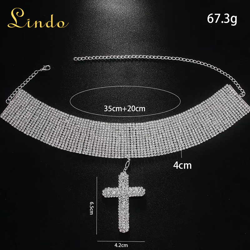 Sparkly Tennis Rhinestones Cross Pendant Choker