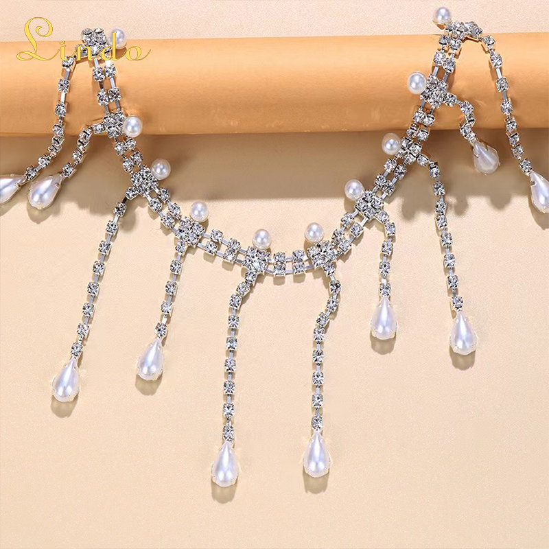 Tassel Rhinestone Choker with Pearl Necklace