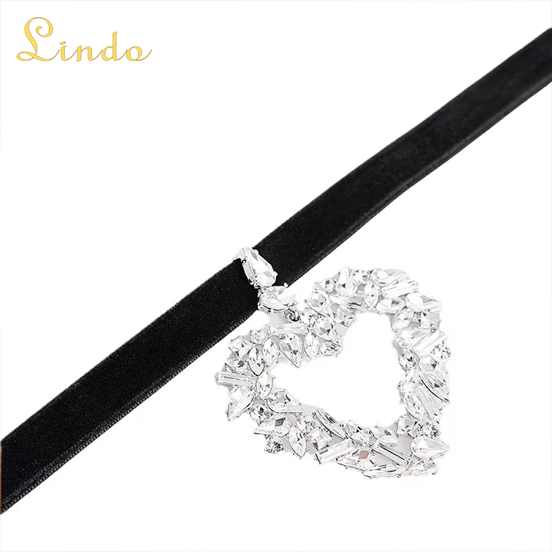 Thick Black Choker Necklace with Crystal Heart Pendant