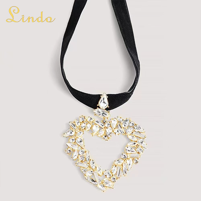 Thick Black Choker Necklace with Crystal Heart Pendant