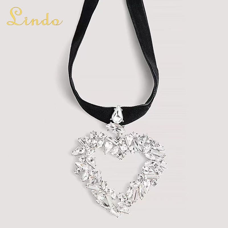 Thick Black Choker Necklace with Crystal Heart Pendant
