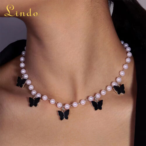 Black Butterfly Pearl Choker Necklace