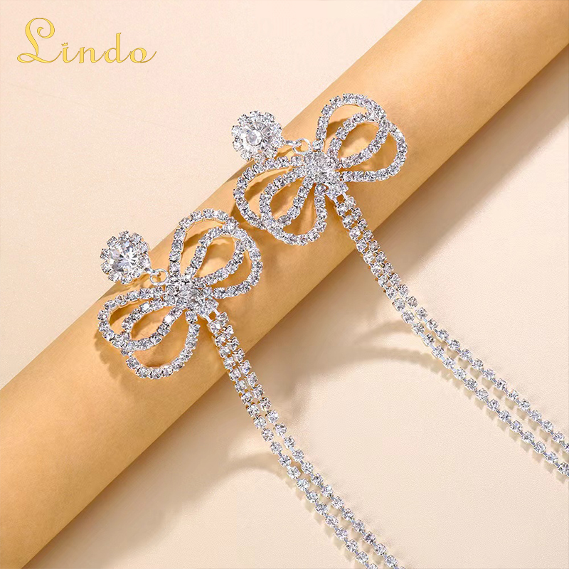 Crystal Rhinestone Bow Drop Earrings